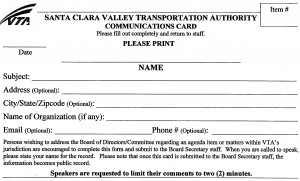 VTA Board of Directors speaker request card.