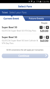 VTA EventTik App screenshot featuring Super Bowl day pass prices.