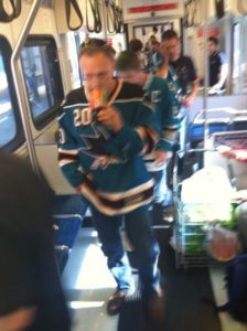 Sharks fans on VTA light rail. Photo courtesy @execlaw on Twitter