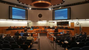 Inside the Santa Clara County Supervisors' chambers. 