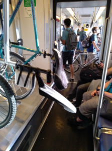 VTA light rail car interior bike rack.