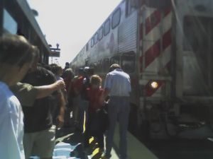 People boarding Caltrain.