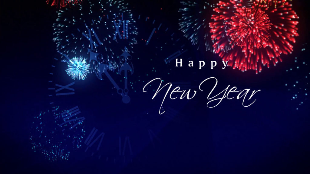 "Happy New Year" text center-right justified among blue and red fireworks, on a dark blue background.