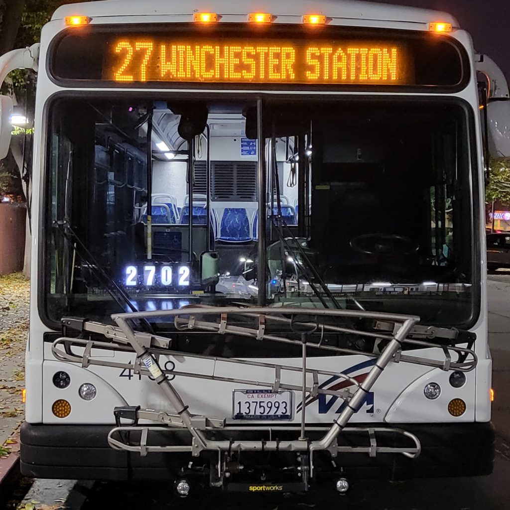 VTA 30-foot bus 4108 at Winchester light rail station, awaiting service as the 27 bus to Winchester station. Photo taken at Winchester light rail station.