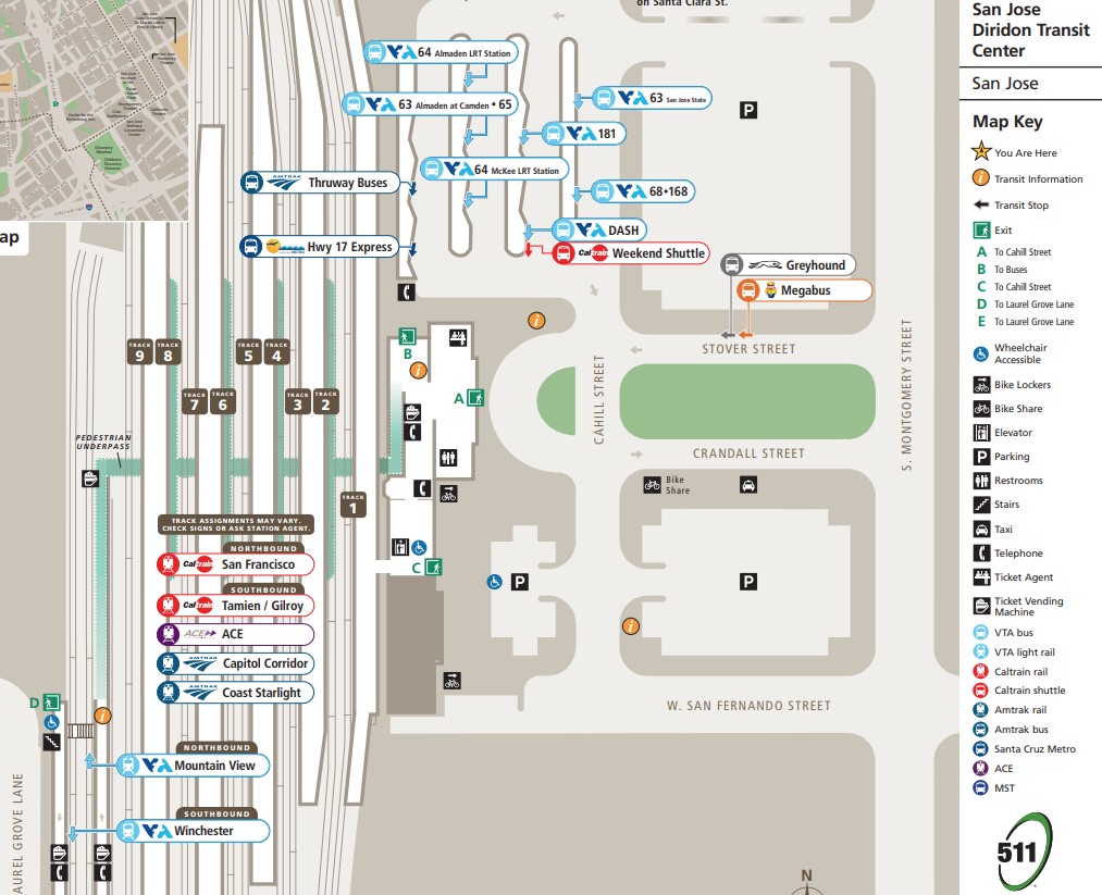 Schematic map of San Jose Diridon Station. Describes Amtrak/Caltrain/Capitol Corridor/ACE tracks 1-9, VTA light rail tracks/platforms west of Track 9, where things are in the station building, and bus bays north of the main station building.