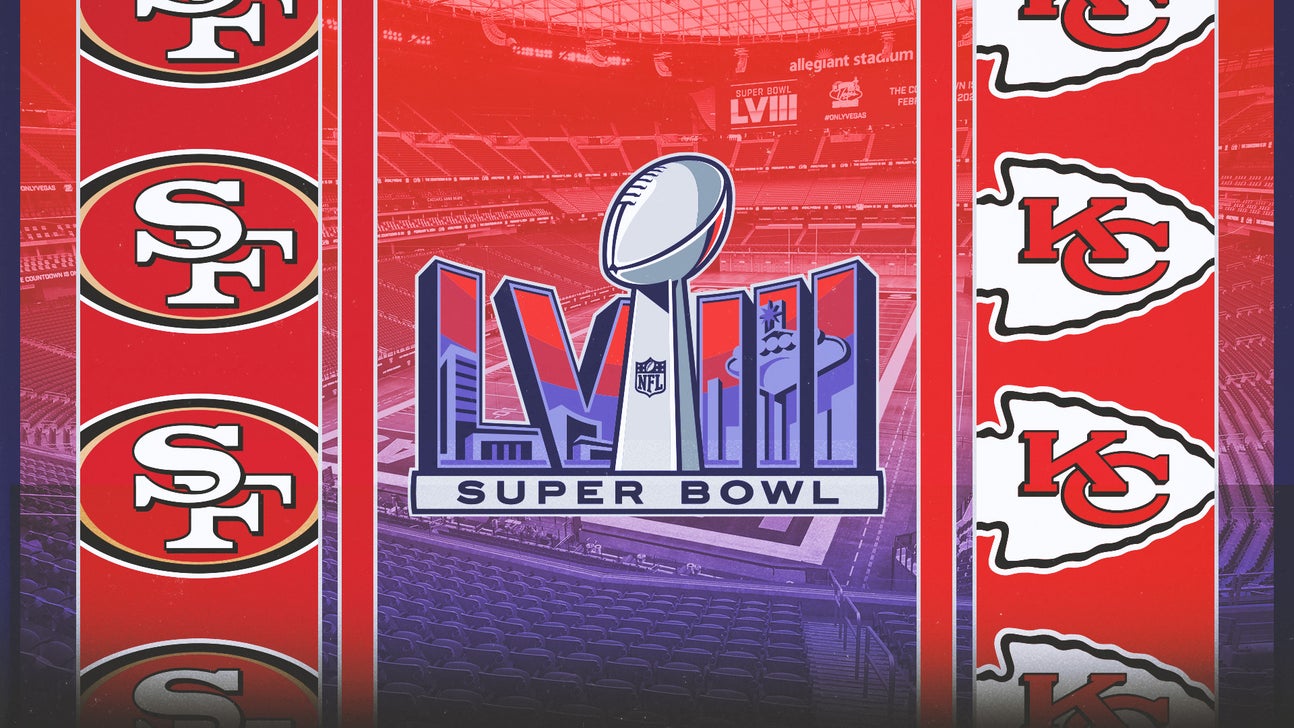 Super Bowl LVIII logo with San Francisco and Kansas City team logos on the left and right, respectively.