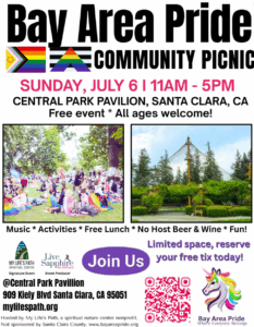 Bay Area Pride Community Picnic poster. Shows pride flag and picnic photos. 909 Kiely Blvd. in Santa Clara on Sunday from 11am-5pm.
