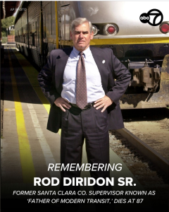Photo from ABC 7 News Bay Area of the late Rod Diridon, Sr. posing in front of a Capitol Corridor train. Photo was taken at the San Jose train station that bears his name.